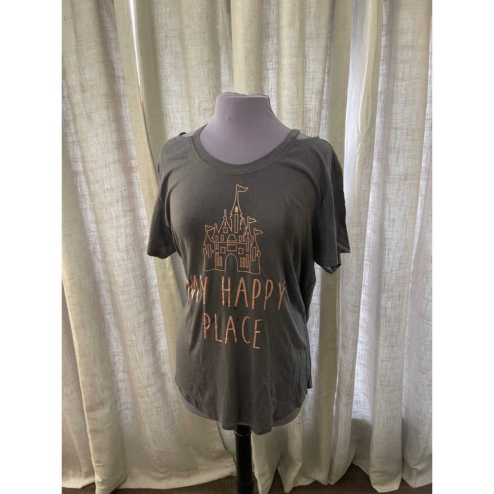 Disney My Happy Place Castle Graphic T-Shirt Cutout Shoulder Women's XL‎